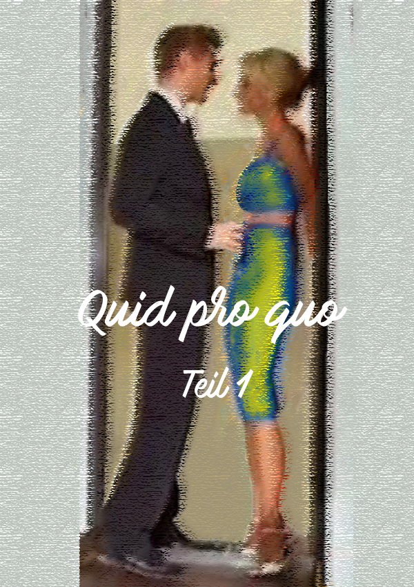 Verzerrtes Paar in Anzug und Kleid, Quid pro quo