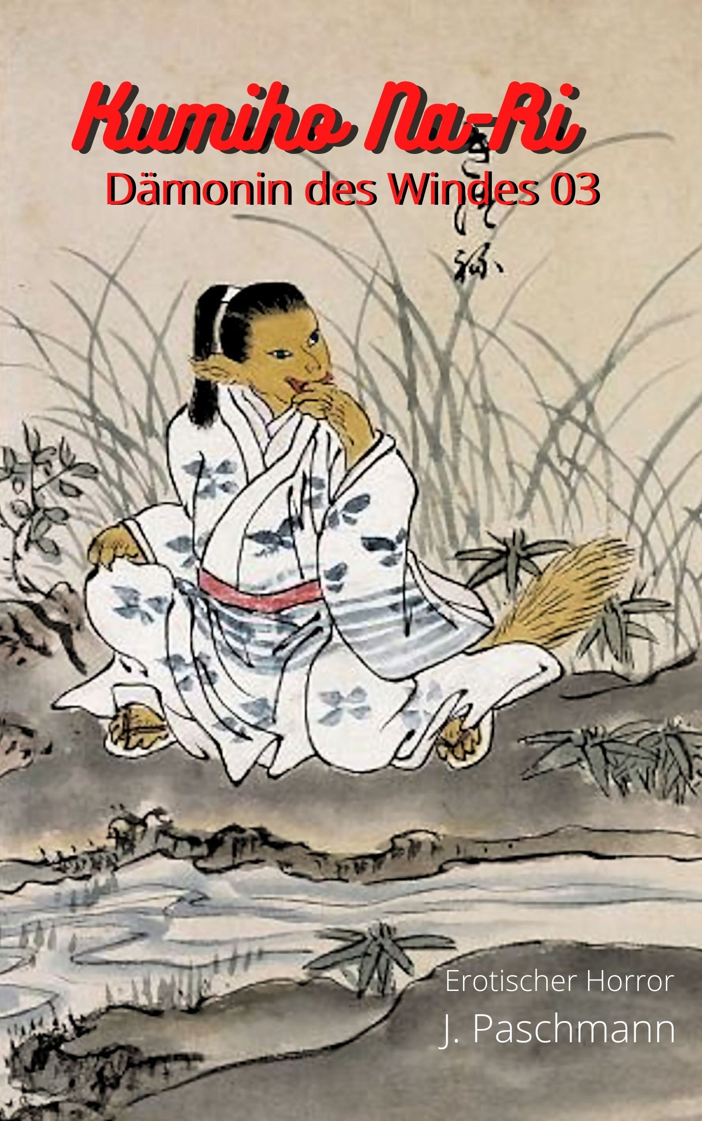 Zeichnung eines schwebenden Göttin im weißem Mantel, Kumiho Na-Ri - Dämonin des Windes 03
