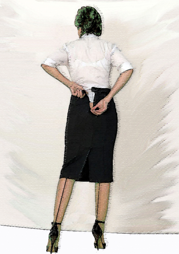 Frau öffnet schwarzem Rock von hinten, High Heels, Manuela - Band 3