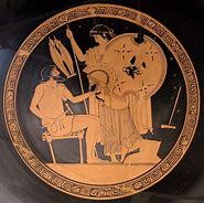 Zeichnung aus der griechischen Antike, Mann und Frau, Schild und Helm, Das Meisterwerk des Hephaistos
