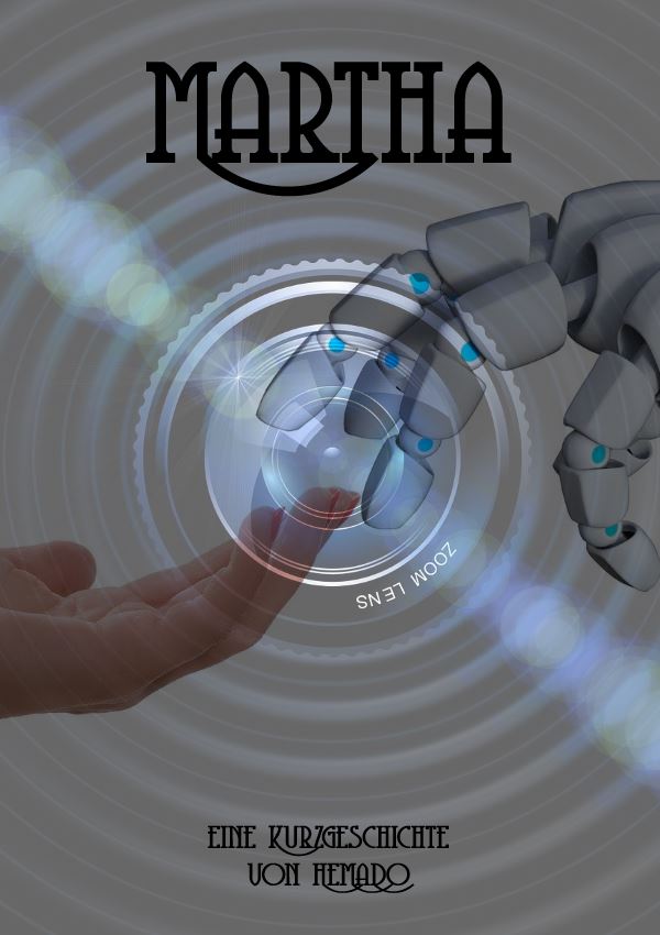 Menschlicher Finger und Roboter Finger berühren sich, Wassertropfen, Martha