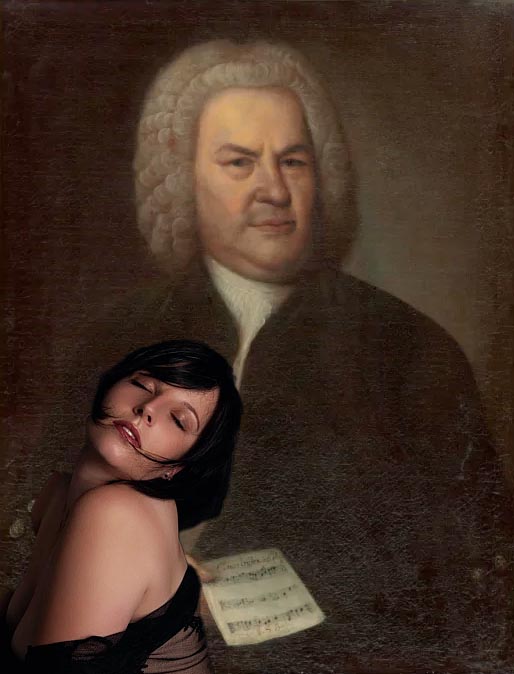 Sexy schwarzhaarige in schwarzen Dessous vor Johann Sebastian Bach, Maria eleison I.