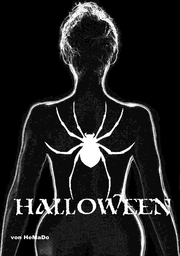 Halloween, gezeichnete Frau von hinten mit Spinne auf dem Rücken