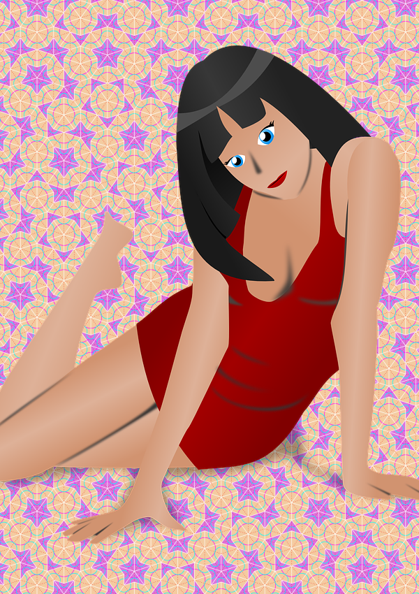 Frau in rotem Kleid, sexy Beine, Brust, An der Kunsthochschule
